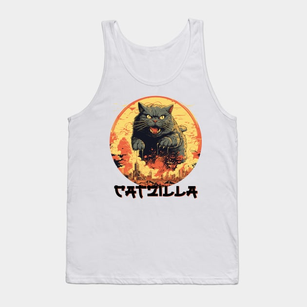 Catzilla Vintage Funny Cute Cat Art Japanese Sunset Tank Top by Happy Lime